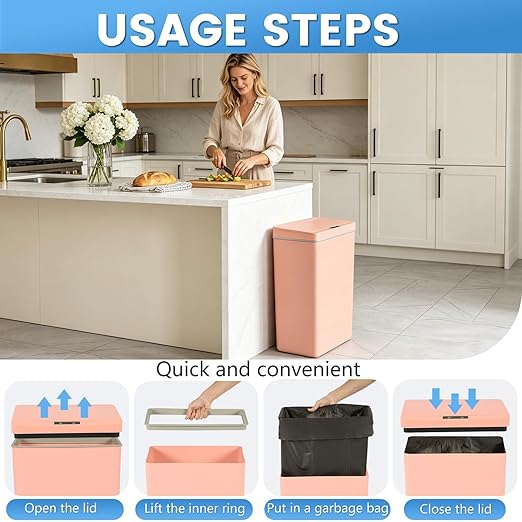 PayLessHere 13 Gallon 50 L Trash Can with Lid Plastic Kitchen Trash Bin Automatic Touch Free Motion Sensor Trash Can (1, Pink)