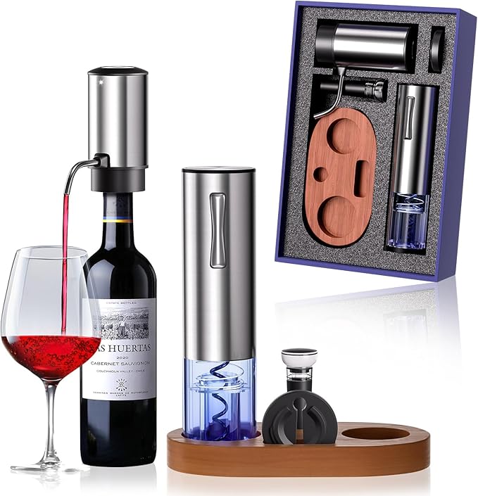 Rechargeable Electric Wine Opener 5-In-1 Set, Stainless Steel Automatic Wine Opener with Electric Wine Aerator, Foil Cutter, Wine Stopper & Base, Elegant Gift Box for Birthday, Housewarming, Christmas