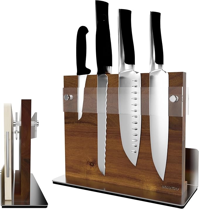 Brosisincorp Acacia Magnetic Knife Block Double-Sided for Kitchen Counter Top - Heavy Duty Base & Shatter-Resistant Acrylic Shield, Holds 10-12 Knives, Space Saving Organizer (No Knives Included)