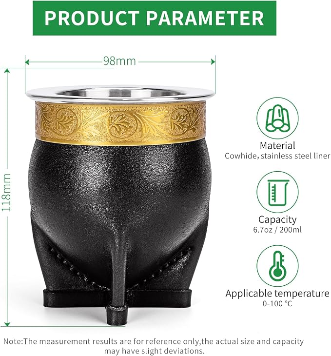 Cuopru Premium Argentina Imperial Yerba Mate Cup with Bombilla Mate (Straw) Set, Baroque Style, Leather Gourd, 304 Stainless Steel Inner (Black)