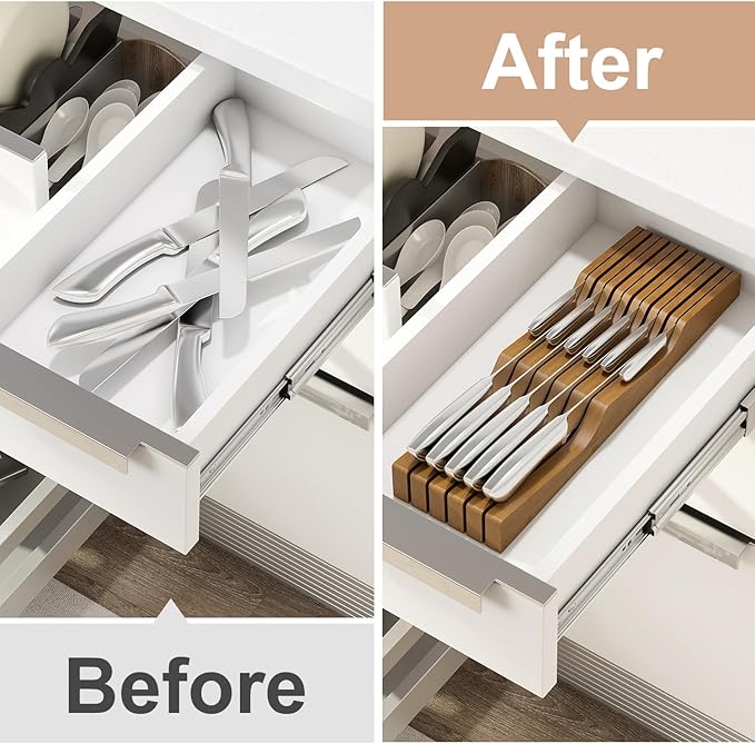 In-Drawer Knife Block Organizer - Bamboo Wood Drawer Knife Organizer-Protecting Knife Organizer Block (Not Included) (Brown, 11 Knives Dock)