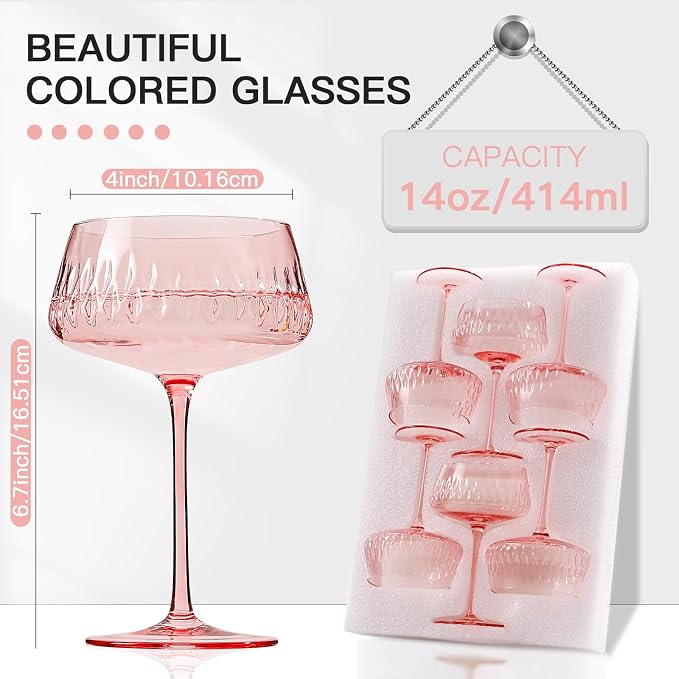 JOVGANK Pink Martini Glasses Set of 6, Hand Blown Cocktail Glass 14Oz, Large Vintage Champagne Coupe Glasses, Crystal Retro Style Bar Party Wedding Gift for Ice Cream Dessert