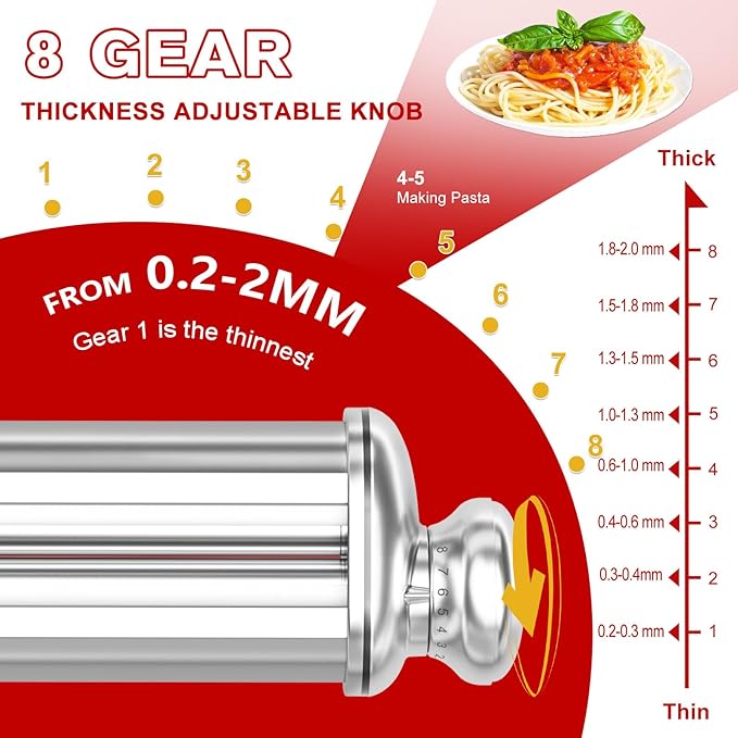 3PCS Pasta Maker Attachment for All Kitchenaid Stand Mixers, Stainless Steel Pasta Attachments Include Spaghetti Cutter & Fettuccine Cutter, Pasta Roller with 8 thickness knob
