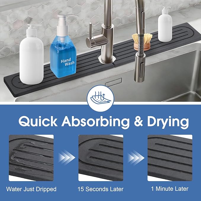 Stone Faucet Mat for Kitchen Sink with Raised Feet, Durable Diatomite Fast-Drying Stone Tray, Non-Slip Decorative Sink Protector for Kitchen Bathroom Counter, Easy Clean, Pure black, 30" x 4"