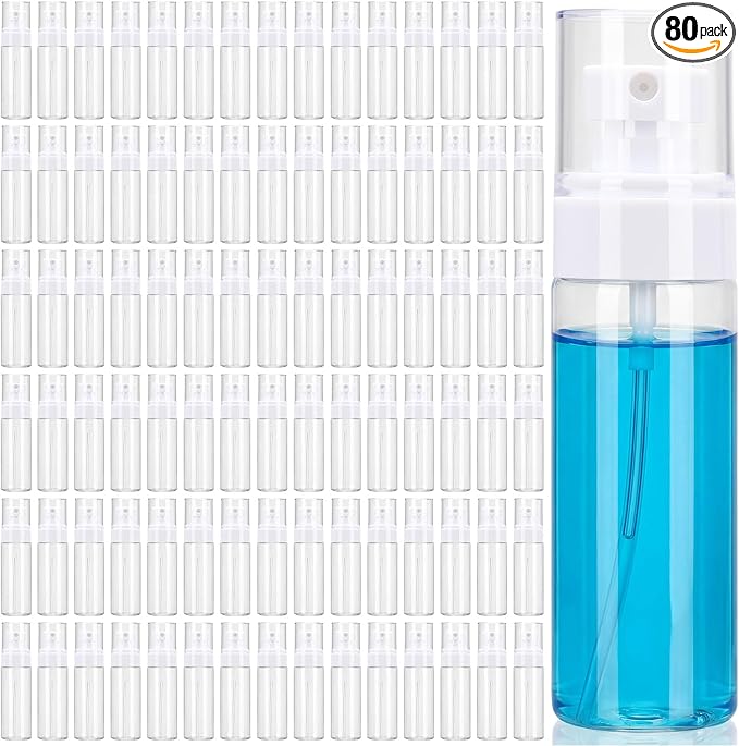 80 Pack Fine Mist Spray Bottle Bulk, 2oz Small Clear Plastic Leak Proof Fine Mist Mini Spray Bottles Refillable Empty Travel Mister Sprayer Bottle for Hair, Cleaning, Essential Oils(Clear)