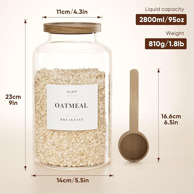 2 PCS Flour Sugar Storage Containers Glass, Large Glass Food Storage Jars with Wood Airtight Lids, 132 Pantry Labels and 2 spoon for Coffee, Flour, Sugar, Spice (98 oz/2800 ml)