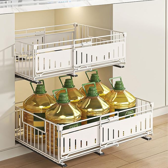 Expandable Pull Out Cabinet Organiser, No Drill Adhesive Slide Out Kitchen Drawer Shelf Durable Metal for Under Sink, Cupboard, Pantry, Adjustable Width (12.8"-19.7") (Style A White, 1 Pack)