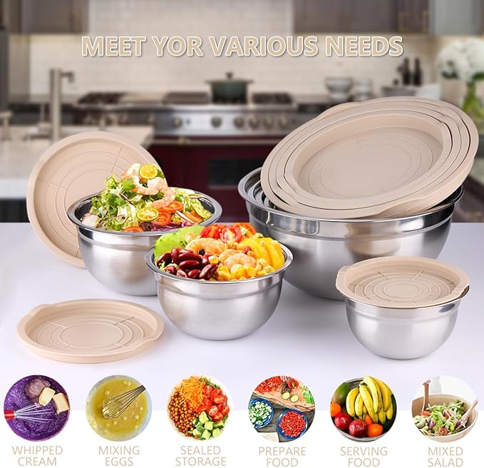 Leidawn Mixing Bowls with Lids set - 25 PCS Stainless Steel Nesting Khaki Mixing Bowls Set for Baking,Mixing,Serving & Prepping,Size 5, 3.7, 2.8, 2.3, 1.7, 1.1, 0.7QT, 11 Cooking