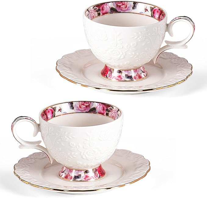 KAMMAK Tea Cups and Saucers Set of 2, 6.7oz Porcelain Coffee Cups with Saucers, Ceramic Espresso Mugs for Coffee, Latte, Americano, Tea, Elegant Teacup and Saucer (YFH13)