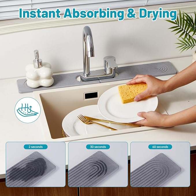 Stone Faucet Mat for Kitchen Sink with Oval Hole – 23.6" × 3.9" Diatomite Drying Stone Mat & Sink Protector, Quick-Dry Splash Guard Water-Absorbing Tray for Bathroom Counter（Gray.23.6" x 3.9"
