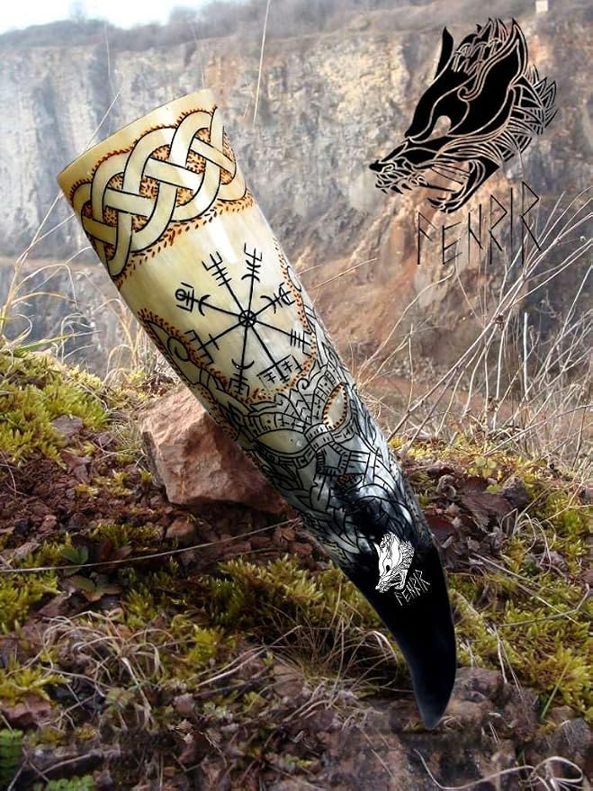 FENRIR Viking Drinking Horn With Stand & Thor Bottle Opener | Norse Medieval Authentic Ox Horn for Ale, Mead, Whiskey | Unique Gifts for Men & Women | 16-20 oz Odin & Vegvisir
