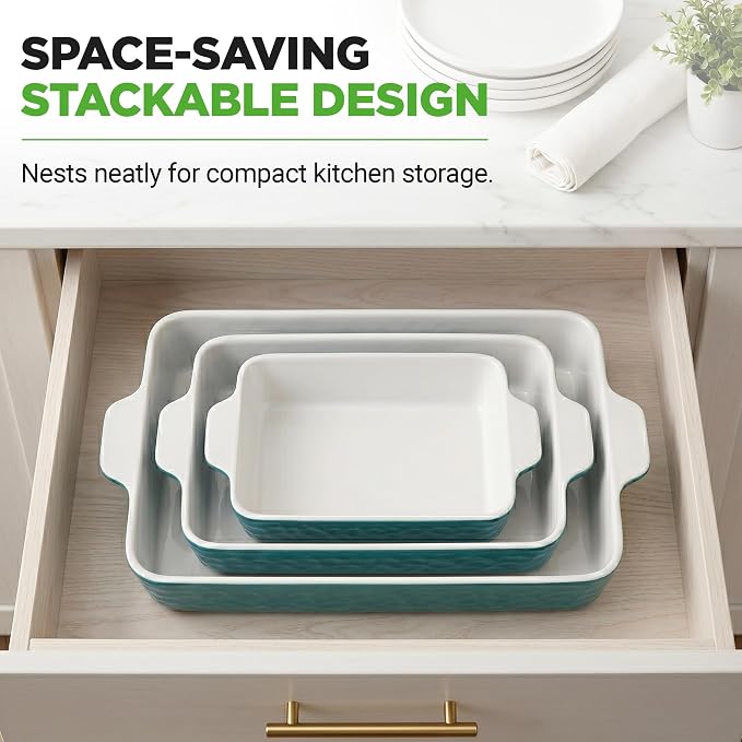NutriChef 3-pc Casserole Dish Set for Oven, Ceramic Lasagna Baking Dishes, Deep Serving Dish with Handles - Aqua, (14.7"/ 10.8"/ 7.9")