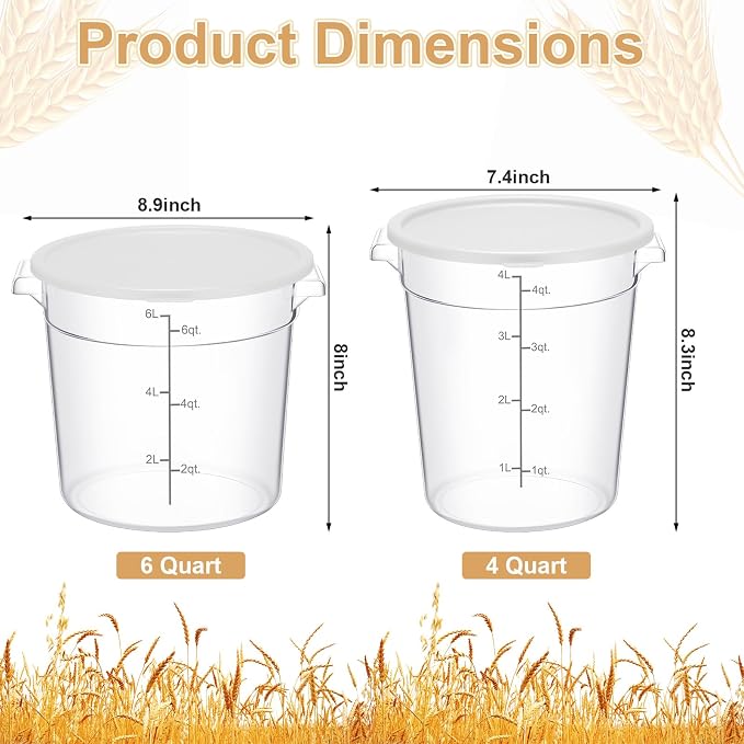 Suclain 4 Set 6 Quart 4 Qt Round Food Storage Containers with Lids Clear Proofing Container for Dough Bread with Scale Handle Home Restaurant Commercial Food Storage(White)