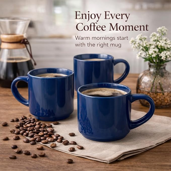 GBhome 14 OZ Coffee Mugs Set of 6, Stackable Ceramic Mugs for Men, Women, Modern Coffee Cups for Latte,Cappuccino,Hot Cocoa. Dishwasher & Microwave Safe, Navy Blue