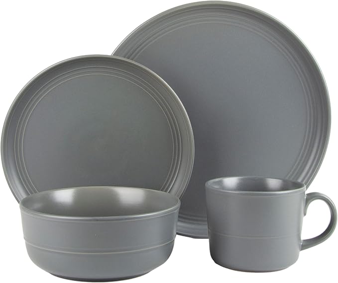 10 Strawberry Street Double Line 16 Piece Dinnerware Set, Matte Gray