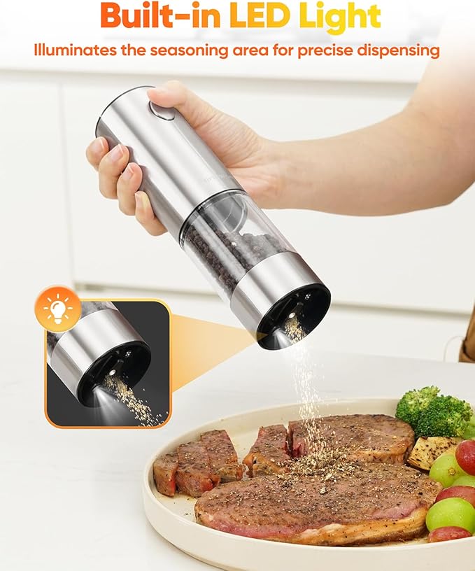 Electric Salt and Pepper Grinder Set with LED Light, Rechargeable Salt and Pepper Shakers with 5 Adjustable Coarseness, Upgraded Large Capacity, Stainless Steel, Storage & Charging Base