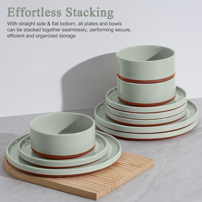 LIANYU Stoneware Dinnerware Sets Service for 8, 24 PCS Plates and Bowls Sets, Handmade Ceramic Dish Set, Highly Chip and Crack Resistant Modern Plate Set, Laurel Green