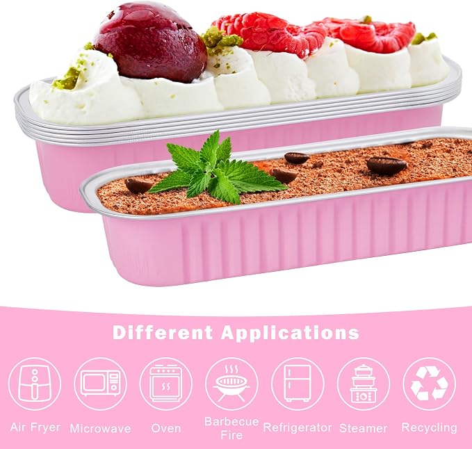 100Pack Pink Mini Cake Pans with Lids Mini Loaf Pans and Spoons and Stickers, 6.8Oz Aluminum Foil Pans Tins, Individual Dessert Cups Containers for Sales,Party,Picnic