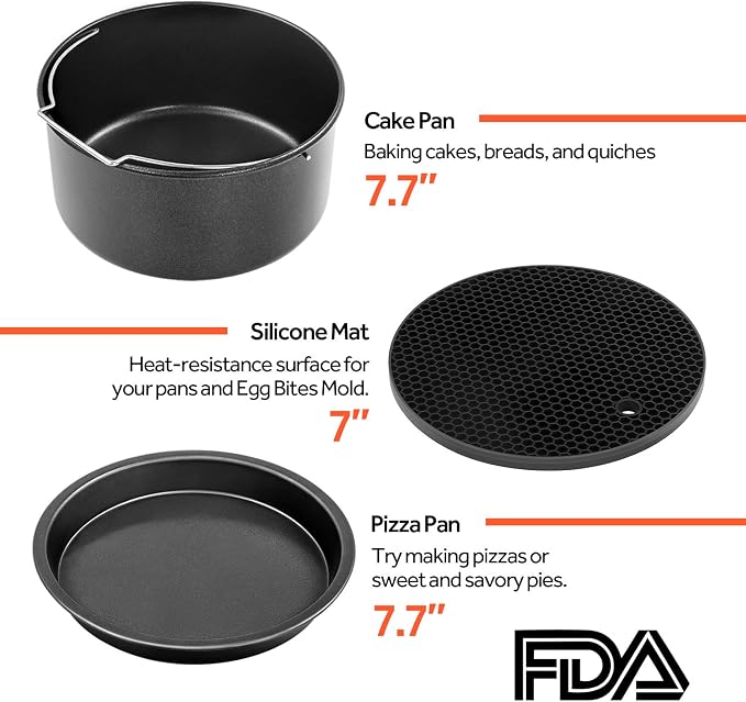 COSORI Air Fryer Accessories, Set of 6 Perfect for Most 5.0 Qt and Larger Ovens, Cake & Pizza Pan, Metal Holder, Rack & Skewers, etc, BPA Free, Nonstick, Dishwasher Safe, 5.8 QT, Black