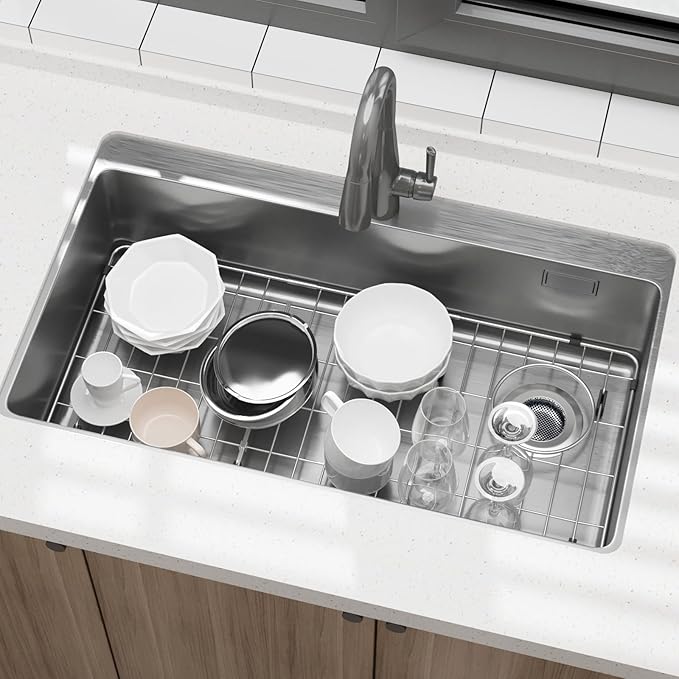 28-1/4" x 14.37" x 1-1/4" Metal Stainless Steel Sink Protectors for Kitchen Sink, Sink Rack for Bottom of Sink with Side Drain, Sink Grate for Bottom of Kitchen Sink with Sink Strainer