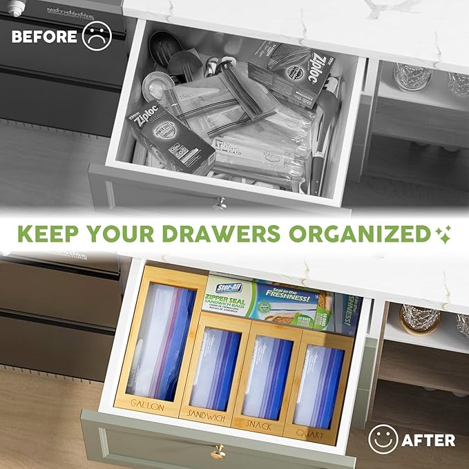 DALSHABET Bamboo Storage Bag Organizer, 4 Separate Food Storage Bags, 12x14 Baggie Organizer Dispenser for All Brands Gallon, Snack, Sandwich & Quart Slider Bags Beige