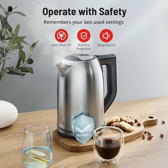 Electric Tea Kettle, 6 Precise Temperature Presets 1.7L Stainless Steel Electric Kettle Temperature Control,1500W Fast Boiling Hot Water for Oolong & Green Tea with Strix Control