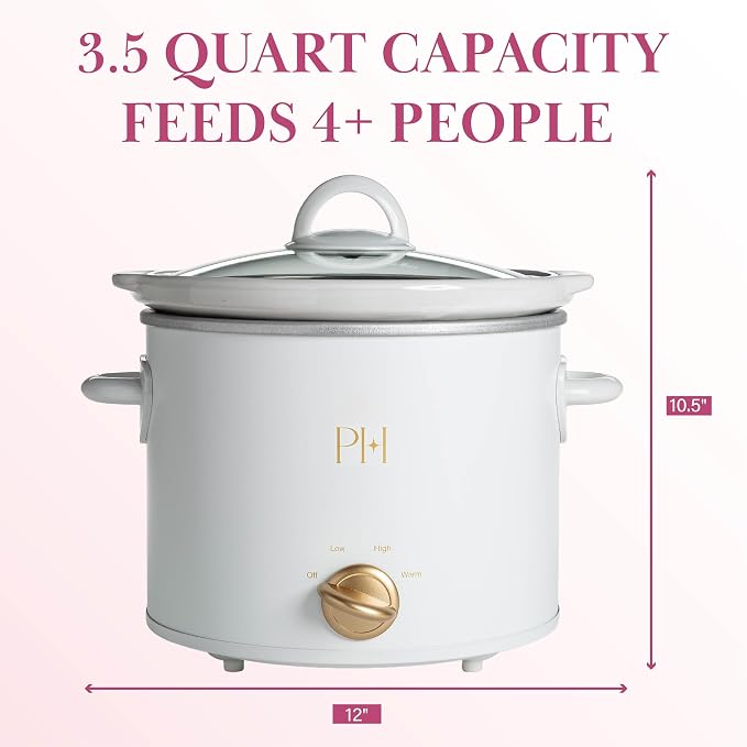 Paris Hilton 3.5-Quart Manual Slow Cooker, Naturally Nonstick Stoneware Ceramic Insert, Three Settings (Low, High, Warm), Dishwasher Safe Family Size Slow Cooker, White