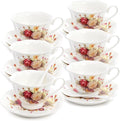 Foraineam Floral Tea Cup with Saucers and Spoons Set of 6 - Coffee Cups and Saucers with Gold Trim - 6 oz Porcelain Ivory Latte Cup and Espresso Mug for Coffee Drinks and Tea