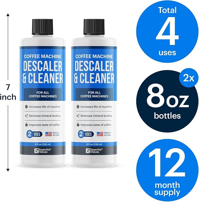 Essential Values Universal Descaling Solution, Made in the USA for Delonghi, Keurig, Breville,Nespresso (4 Uses) Coffee Machine Descaler Cleaner for all Automatic Coffee Makers & Espresso Machines