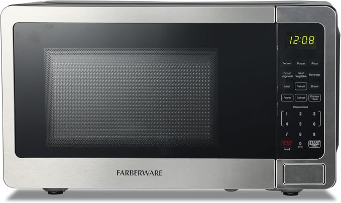 Farberware 0.7 Cu. Ft. Stainless Steel Microwave Oven, 700-Watt with LED Display, 10 Power Levels, 8 Auto-Cook Presets, Express Cooking, Weight & Time Defrost
