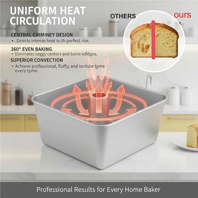 18 Cup One-Piece Square Tube Cake Pan - Anodized Aluminum 9x9x4.5 In, Seamless, Easy Release & Even Heating for Chiffon, Angel Food, Sponge and Pound Cakes