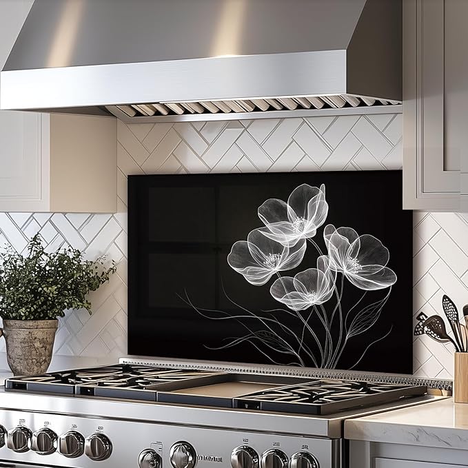 LMSDYSHU Tempered Glass Backsplash for Kitchen, Black line stripes, Frameless, Stove Backsplash Protector for Wall,Easy to Clean, Home Decor (30"x20")