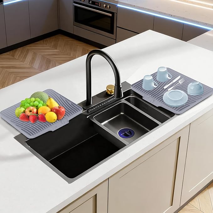 Silicone Dish Drying Mat for Kitchen Counter, Dish Drying Pad, Non-Slip Drain Pad with Built-in Drain, Heat Resistant Stone Drying Mat