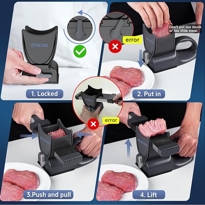 New Meat Slicer for Fresh Raw Meat (Steady Grip), Manual Cutter Slicer, 17 Blades Once Get 18 Slices, Slicing Shredding (2 or 4 mm), Meal Prep, Beef Pork Mutton for Cooking BBQ Hot Pot -Black