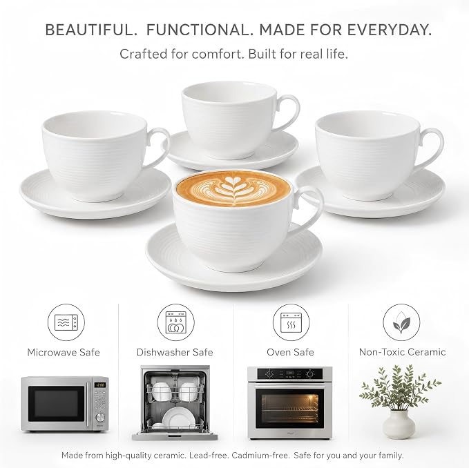 4pcs White Coffee Cups with Saucers, 12oz Ceramic Cappuccino Cups, Microwave & Dishwasher Safe, for Home, Cafe