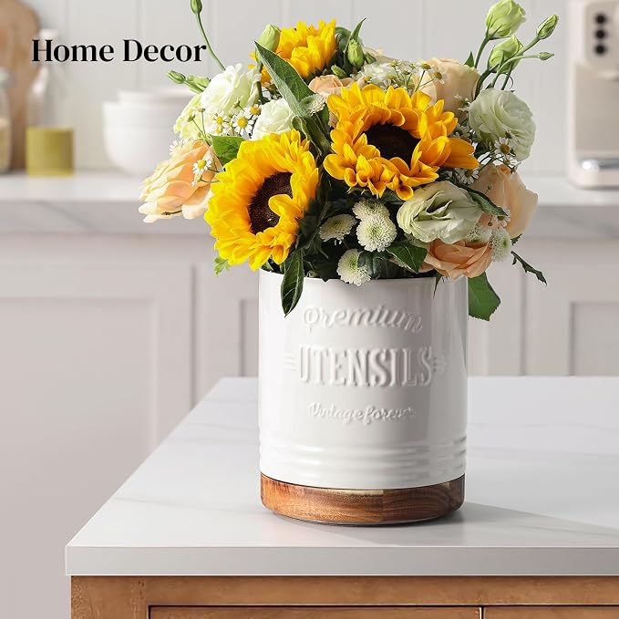 DOWAN 360° Rotating Extra Large Cooking Utensil Holder, 7.6" Kitchen Utensil Holder for Countertop, Utensil Crock for Farmhouse Kitchen Decor, Ceramic Stable Utensil Caddy, White Text