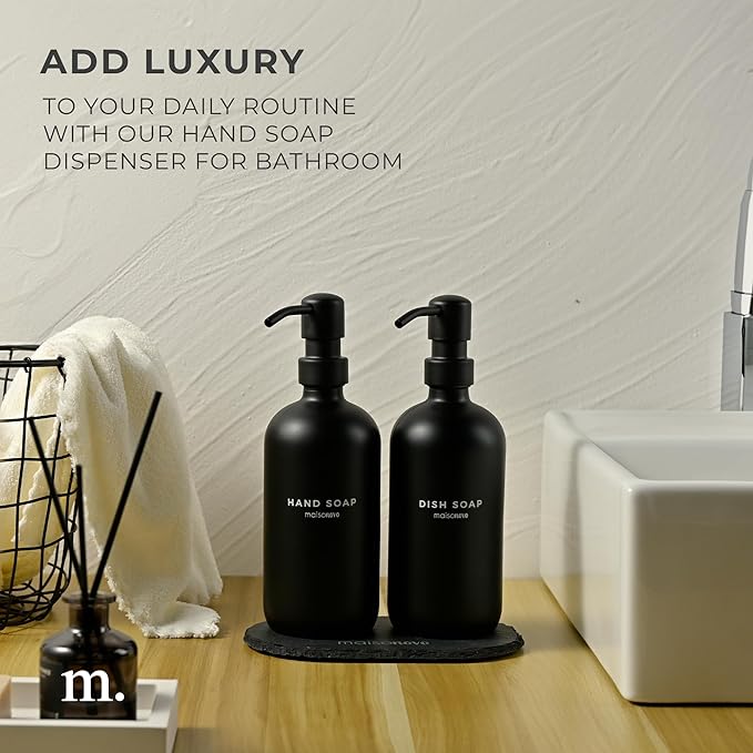 MaisoNovo Soap Dispenser 3 Piece Set - 16.9oz Black Bottles with Black Stainless Steel Pump Core