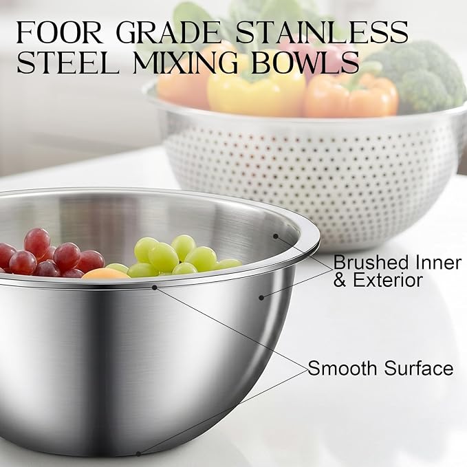 DUTZUN Stainless Steel Mixing Bowls with Colander for Baking, Prep, Cooking | Kitchen Appliances - Metal Mixing Bowl Set of 5 (4, 2.2, 1.6, 1.2 & 0.8 QT) plus 3 QT Strainer