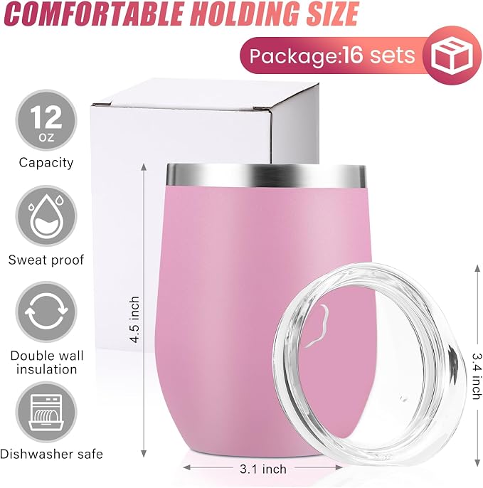 Remagr 16 Pack Stainless Steel Wine Tumblers 12 oz Insulated Vacuum Wine Cup Set Double Wall Stainless Steel Stemless Mug Glasses for Coffee Soda Whiskey Outdoor Travel (Pink)
