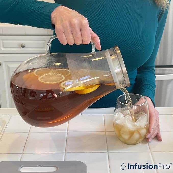 Infusion Pro 1 Gallon Glass Pitcher with Lid, Heat Resistant for Hot/Cold Use, Extra-Wide 4" Mouth, Great Iced Tea Pitcher | Delight Collection, 1 Gallon, 4 L