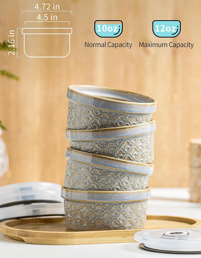 Creme Brulee Ramekins with Covers, Ceramic Souffle Ramekin with Lid, Small Baking Dishes, Food Storage Containers Serving Bolws with Lids for Lunch, Dessert, Fruit, Grey Cloud