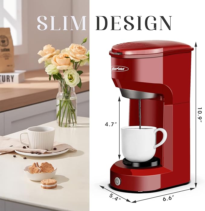 SUNVIVI Coffee Maker, Single Serve Brewer for Single Cup, One Cup Coffee Maker With Permanent Filter, 6oz to 14oz Mug, One-touch Control Button with Illumination,Red (ETL Certified)