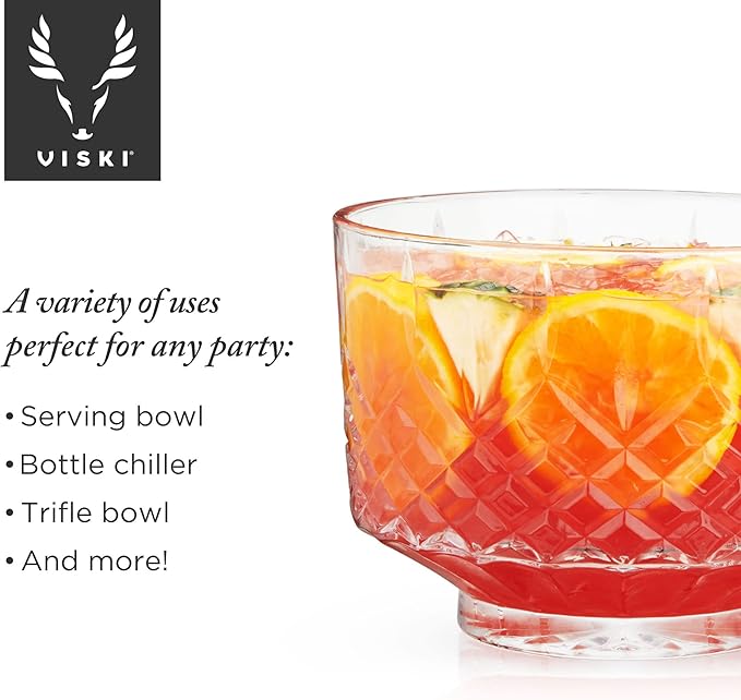 Viski Admiral Punch Bowl Set with 8 Tumblers, Cut Crystal Cocktail Party Serveware, Dishwasher Safe, 2.5 Gallons, 9 Oz Glasses, Set of 9
