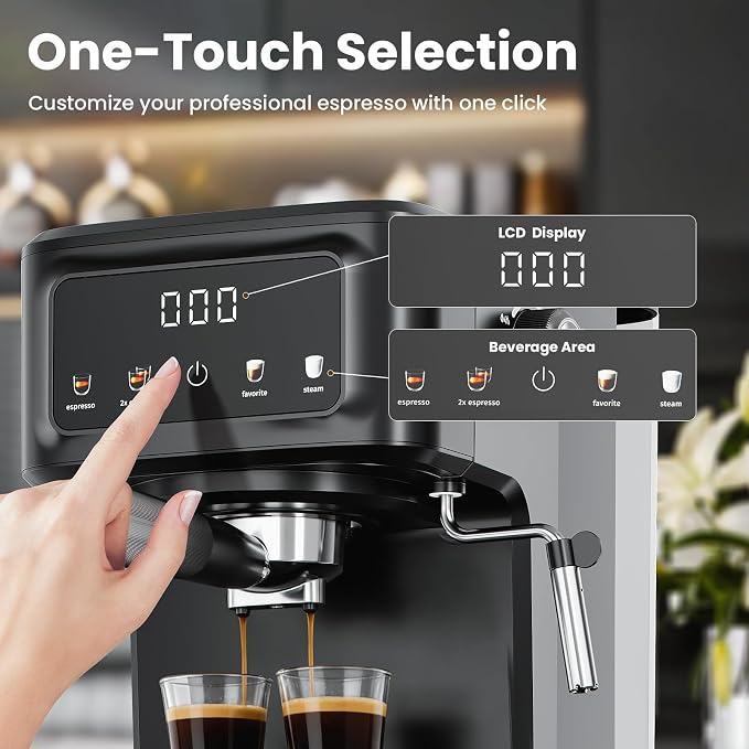 Kismile Espresso Machine with Milk Frother, 15 Bar Digital Espresso Maker for Latte & Cappuccino, LED Touch Screen, 1.5L Removable Water Tank, Compact Coffee Maker for Home/Office
