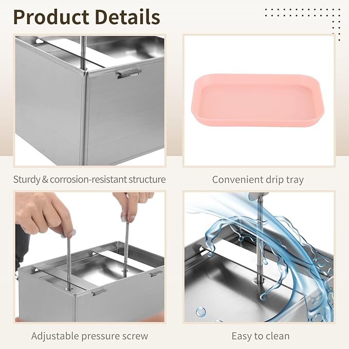 Large Tofu Press, 304 Stainless Steel Tofu Presser, Tofu Maker with Gauze & Drip Tray, Vegan Tofu Presser for Firm or Extra Firm Tofu, Tofu Making Tool Kit, 8.7×5.6×4.4"