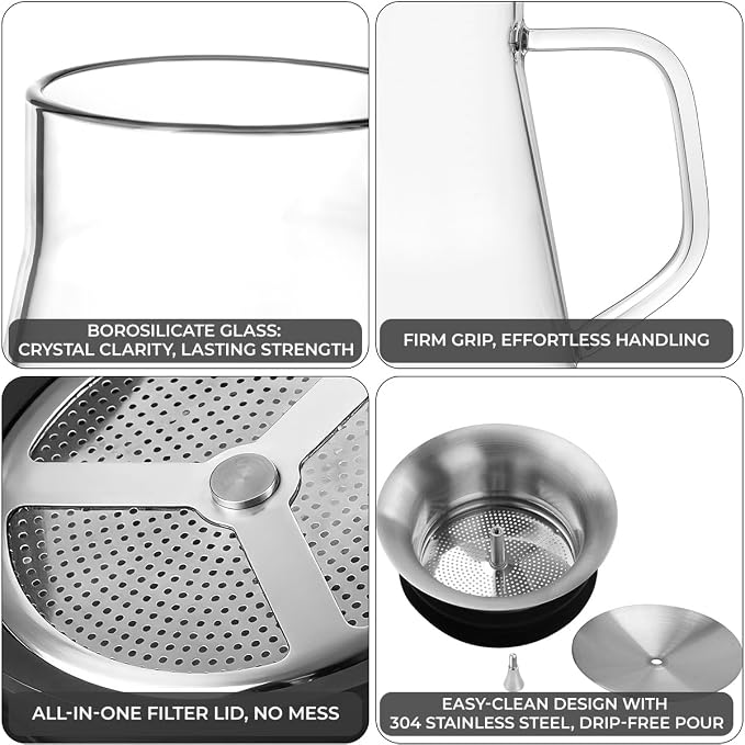Aquach 51oz Glass Teapot with Filter Lid, Stovetop Safe Tea Pot | Dishwasher Safe, Borosilicate Glass, Integrated Filter Lid, 51oz Sharing Capacity, Stable Wide Base, Pure Plastic-free Taste