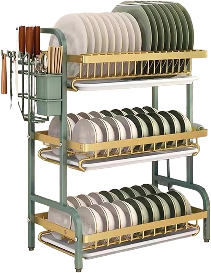 2/3 Tier Kitchen Counter Dish Drying Rack, Carbon Steel Dish Strainers with Drain Tray,Chopsticks Rack,Knife Holder, Over The Sink Dish Racks Storage Rack(W17(3 Tier), Green Gold)