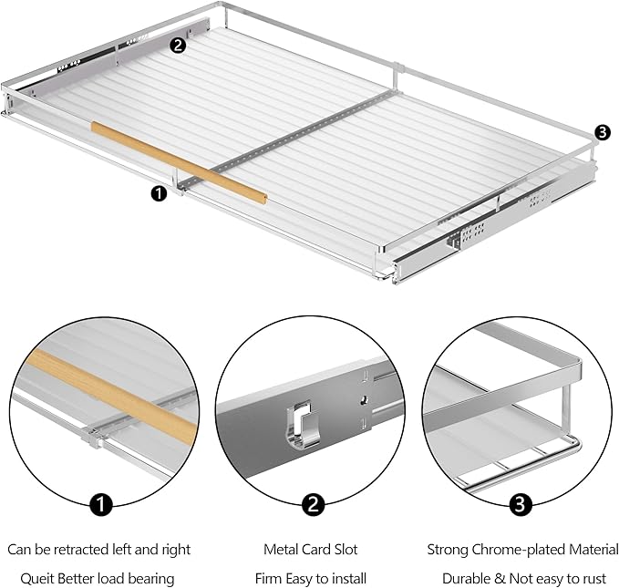 SANNO Pot Lid Organizer Pot Lid holder, Pots and Pans Organizer Drawer Plate Organizer Expandable Pull Out Drawer Organizer and Storage, Cabinet Pots Pans Organizer Sliding Shelf Under Sink Shelf,