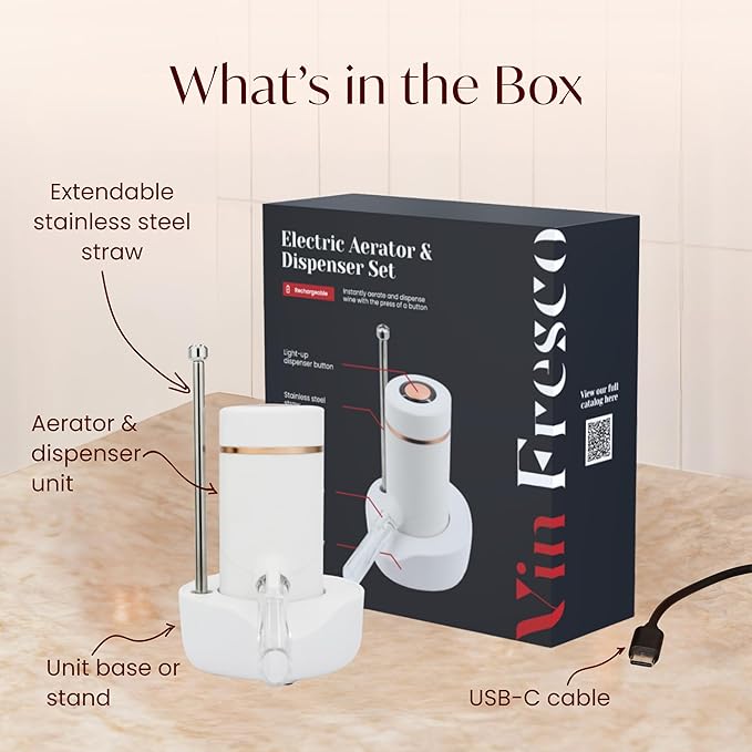 Vin Fresco Electric Wine Dispenser and Red Wine Aerator - One Button Electric Wine Aerator - Built in Wine Pourer Spout Aerator - Pumps and Dispenses Wine, Fits Most Bottles (White & Rose Gold)