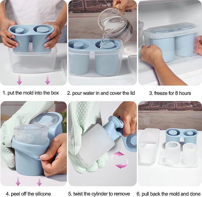 Ice Mold for Stanley Cup, Silicone Ice Cube Tray for Stanley Cup 30oz-40oz, Tumbler Ice Mold with Lid and Bin, Easy Release Cylinder Ice Cube Molds, 1 Pack, Chambray